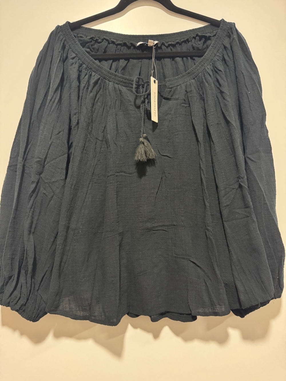 Olivaceous black Boho Blouse with Tassel Tie 100% cotton